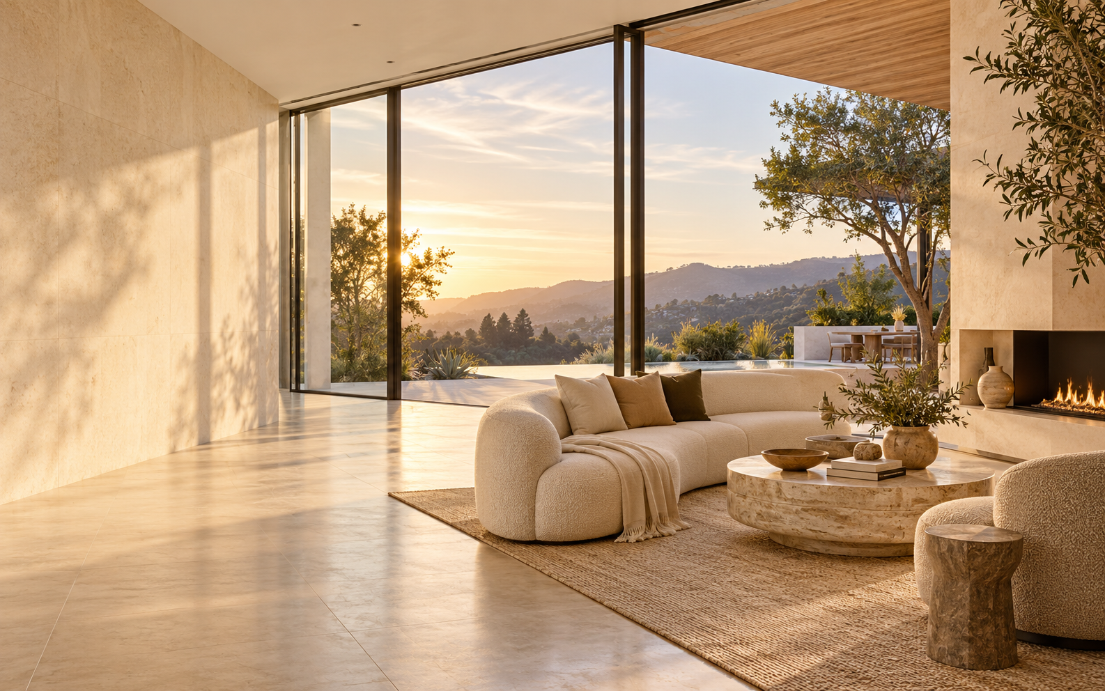 Contemporary home interior opening to a sunlit California landscape